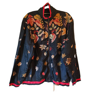 Anney California Quilted Floral Jacket Zip Front Silk Blend Black Red Trim – M